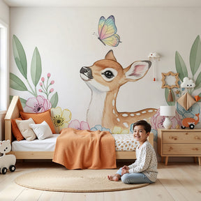 Deer and pastel flowers mural wallpaper creating peaceful woodland nursery decor by Kids-Mundo