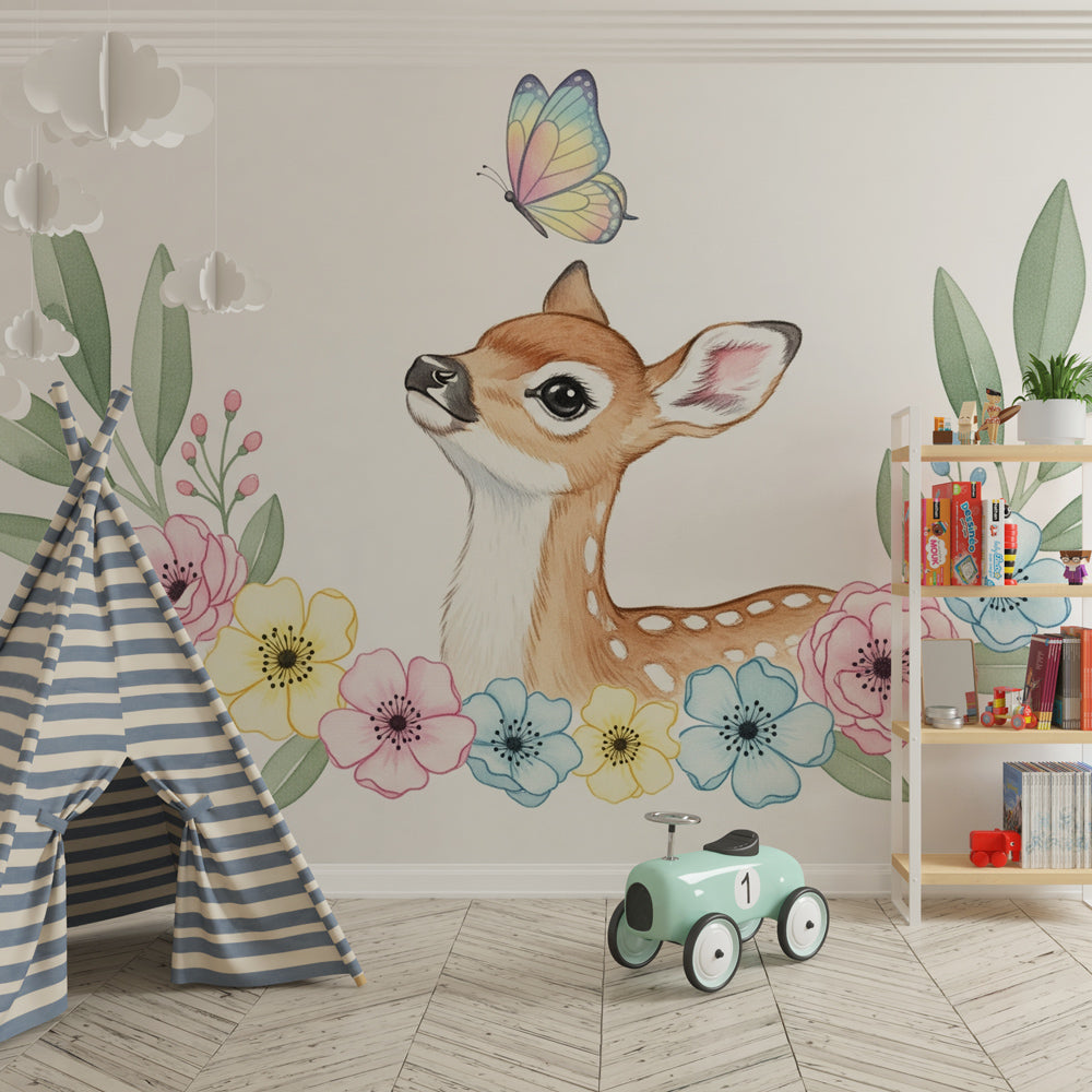 Gentle deer and botanical mural wallpaper creating calming nursery atmosphere by Kids-Mundo