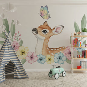 Gentle deer and botanical mural wallpaper creating calming nursery atmosphere by Kids-Mundo