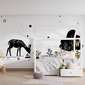 Baby room featuring elegant deer and floral mural wallpaper with golden accents by Kids-Mundo