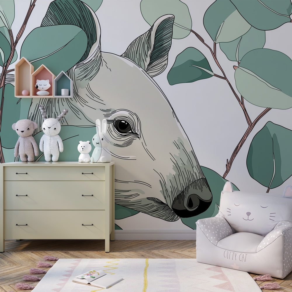 Woodland deer wallpaper creating serene kids bedroom with soft green nature theme
