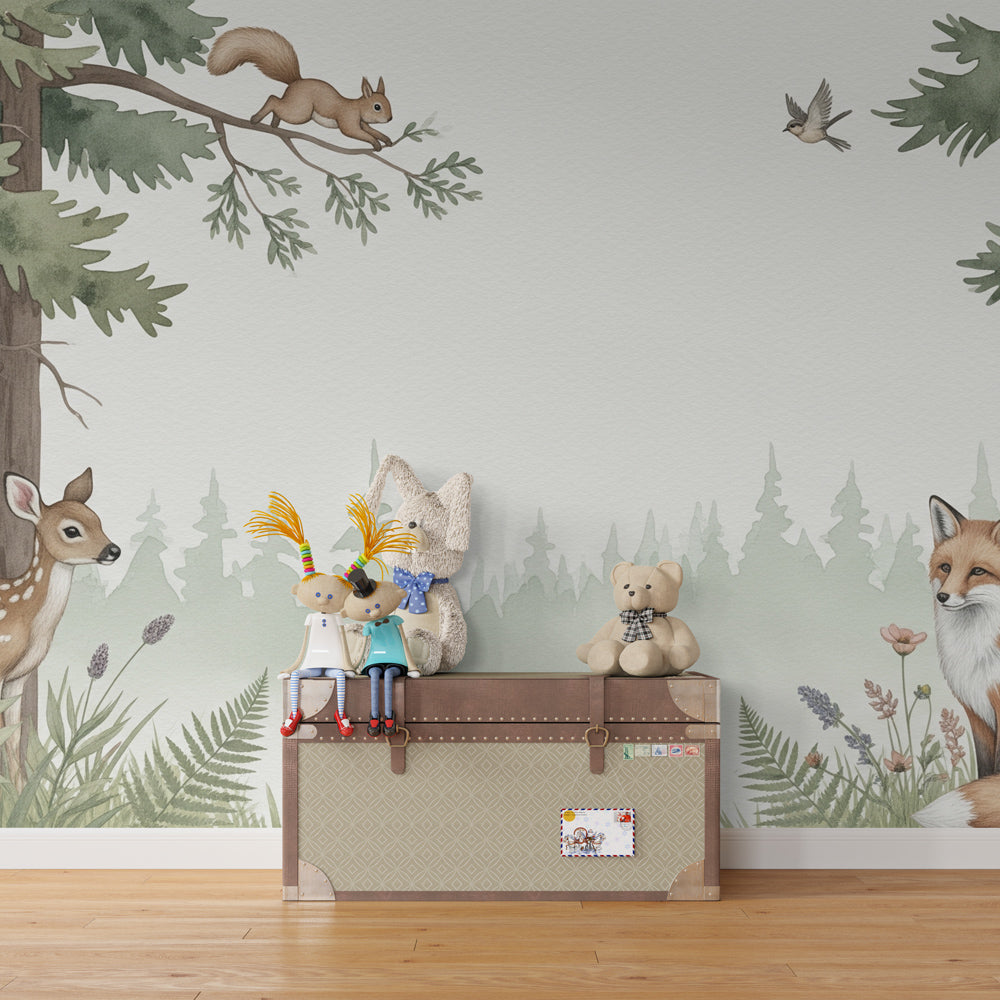 Kids-Mundo forest wall mural with a fawn and fox in a child's woodland-themed bedroom