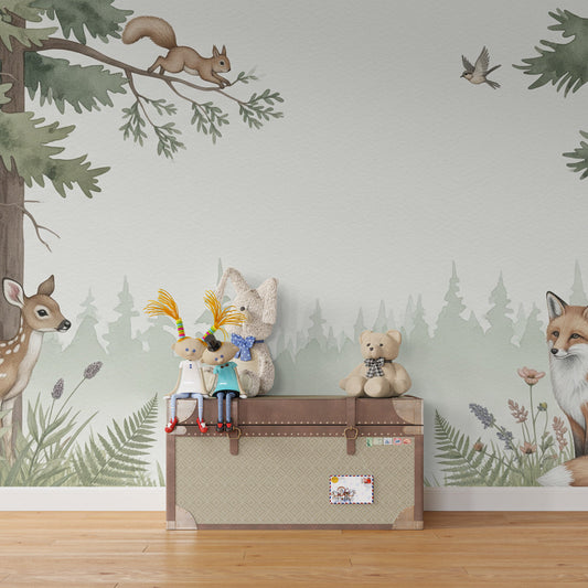 Kids-Mundo forest wall mural with a fawn and fox in a child's woodland-themed bedroom