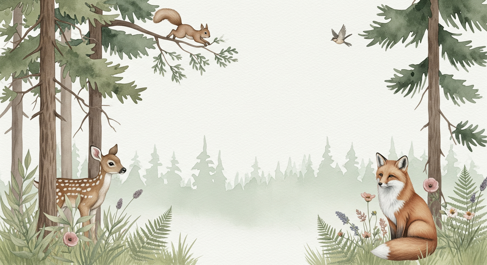 Flat artwork of the Kids-Mundo forest wall mural design featuring a fawn, fox and squirrel