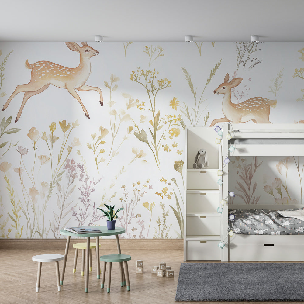Soft watercolor deer wallpaper transforming children's bedroom with gentle wildflower meadow scene