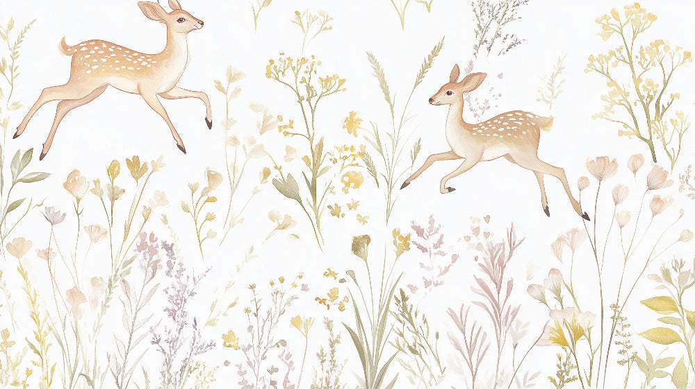 Detailed deer meadow mural wallpaper design pattern with watercolor fawns and wildflowers by Kids-Mundo