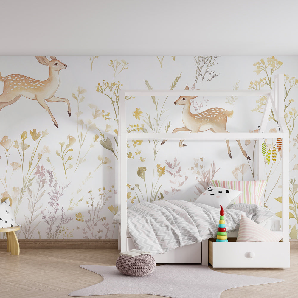 Nature-inspired deer mural wallpaper in modern kids room with pastel colors and botanical design