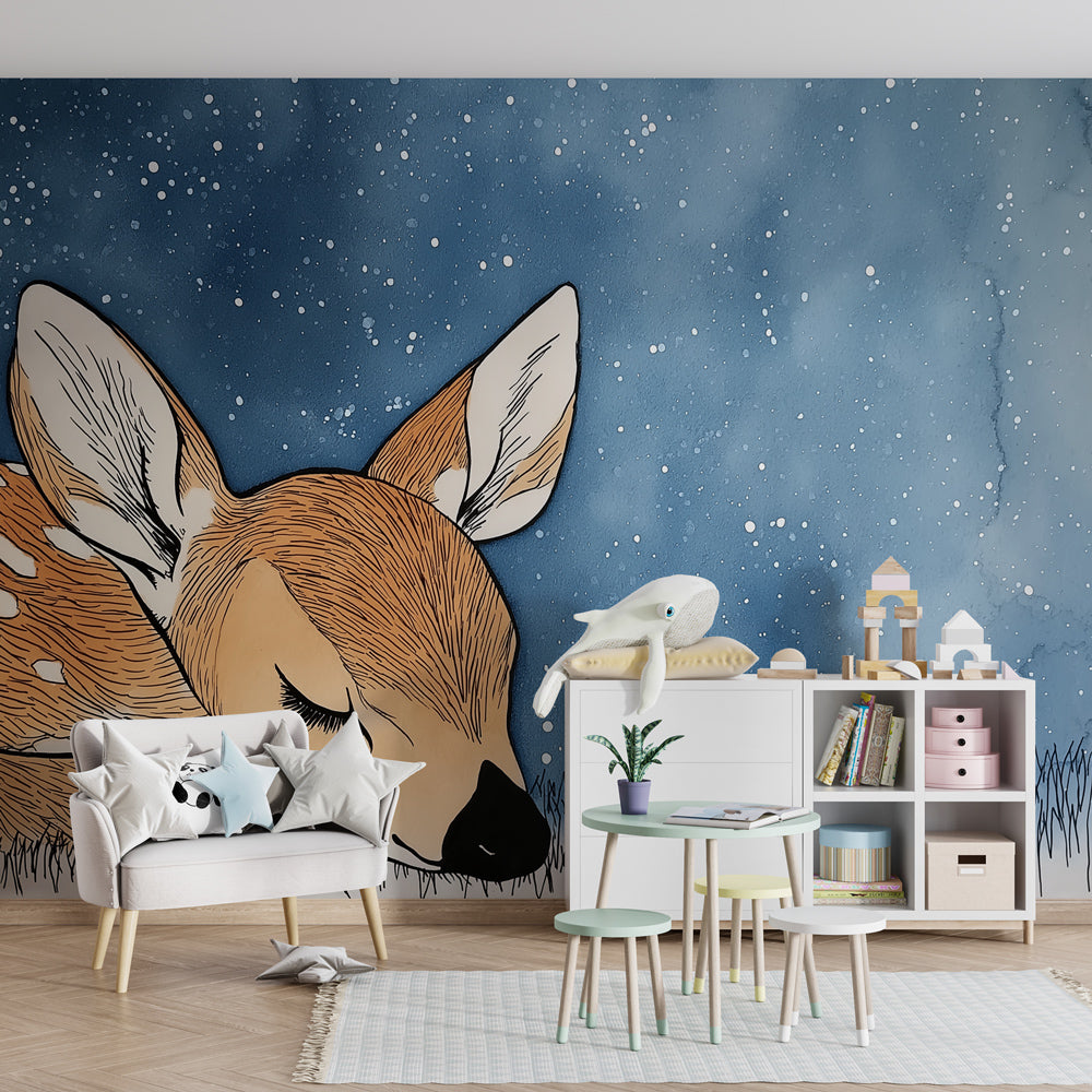 Woodland deer wallpaper in cozy baby bedroom with natural wood furniture and soft lighting