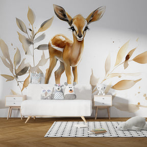 Woodland deer wallpaper creating peaceful atmosphere in children's bedroom with earth tones