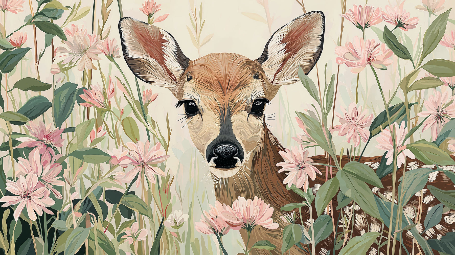 Detailed baby deer and floral mural wallpaper design pattern with pastel botanical elements