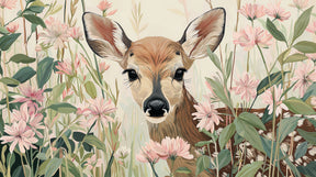 Detailed baby deer and floral mural wallpaper design pattern with pastel botanical elements