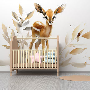 Gentle fawn mural wallpaper for kids playroom featuring delicate foliage and warm beige tones