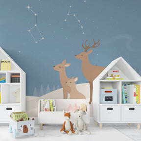 Winter deer constellation wallpaper transforming children's bedroom into starlit wonderland