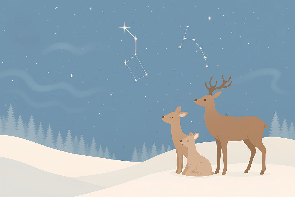 Detailed deer constellation mural wallpaper design pattern with winter forest and starlit sky by Kids-Mundo