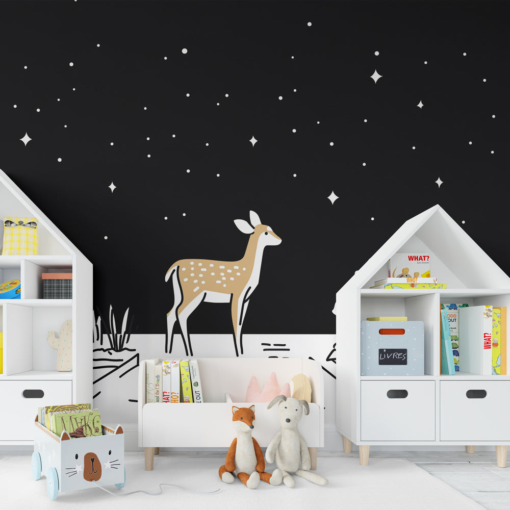 Magical deer and stars mural wallpaper transforming kids playroom into enchanted forest