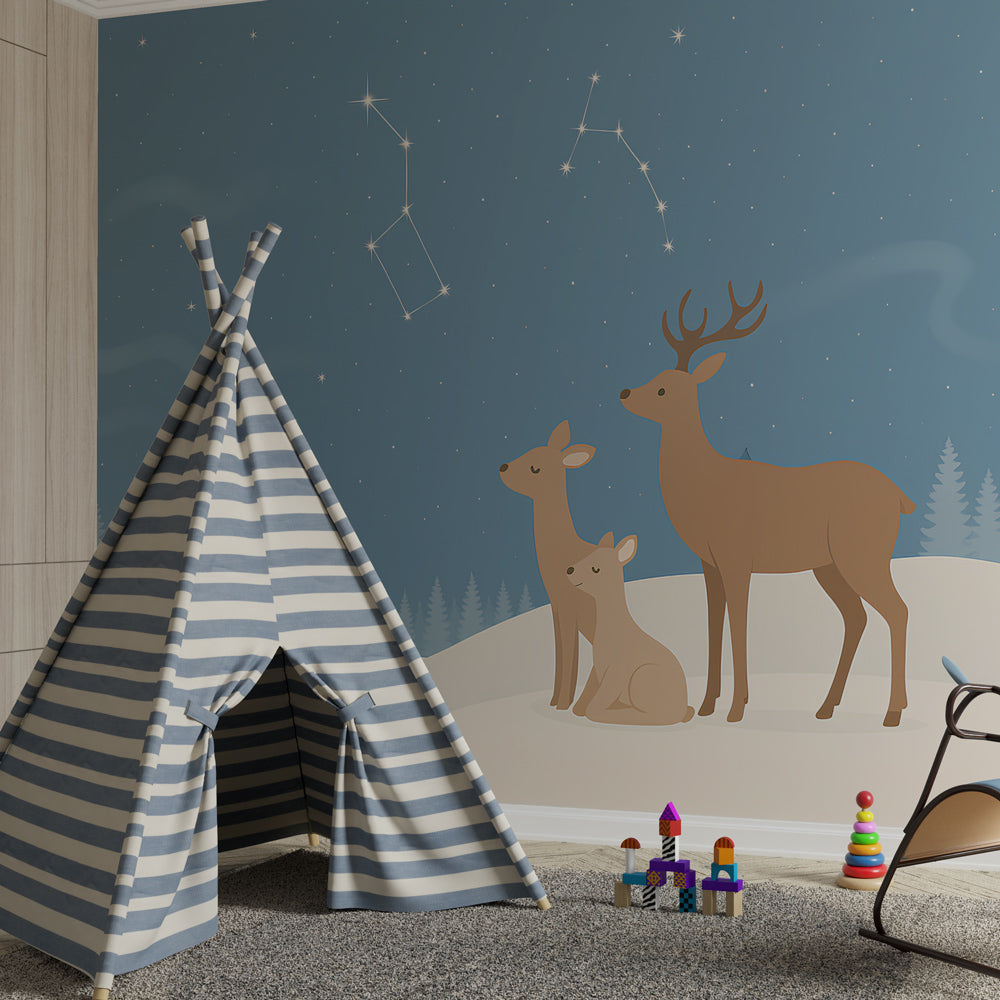 Starry night deer mural wallpaper inspiring imagination in cozy kids playroom setting