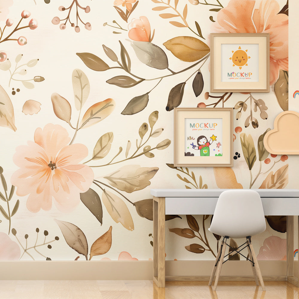 Soft beige floral wallpaper creating peaceful atmosphere in children's bedroom decor