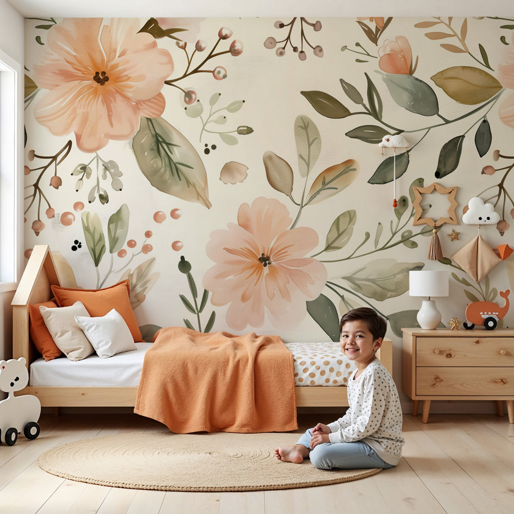Delicate floral mural wallpaper with pastel botanical design in modern nursery by Kids-Mundo