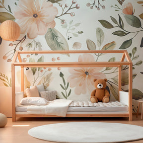 Pastel botanical mural wallpaper transforming kids playroom into serene garden space