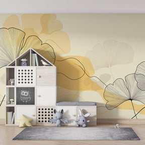 Botanical leaves wallpaper with natural wood furniture in modern kids bedroom setting