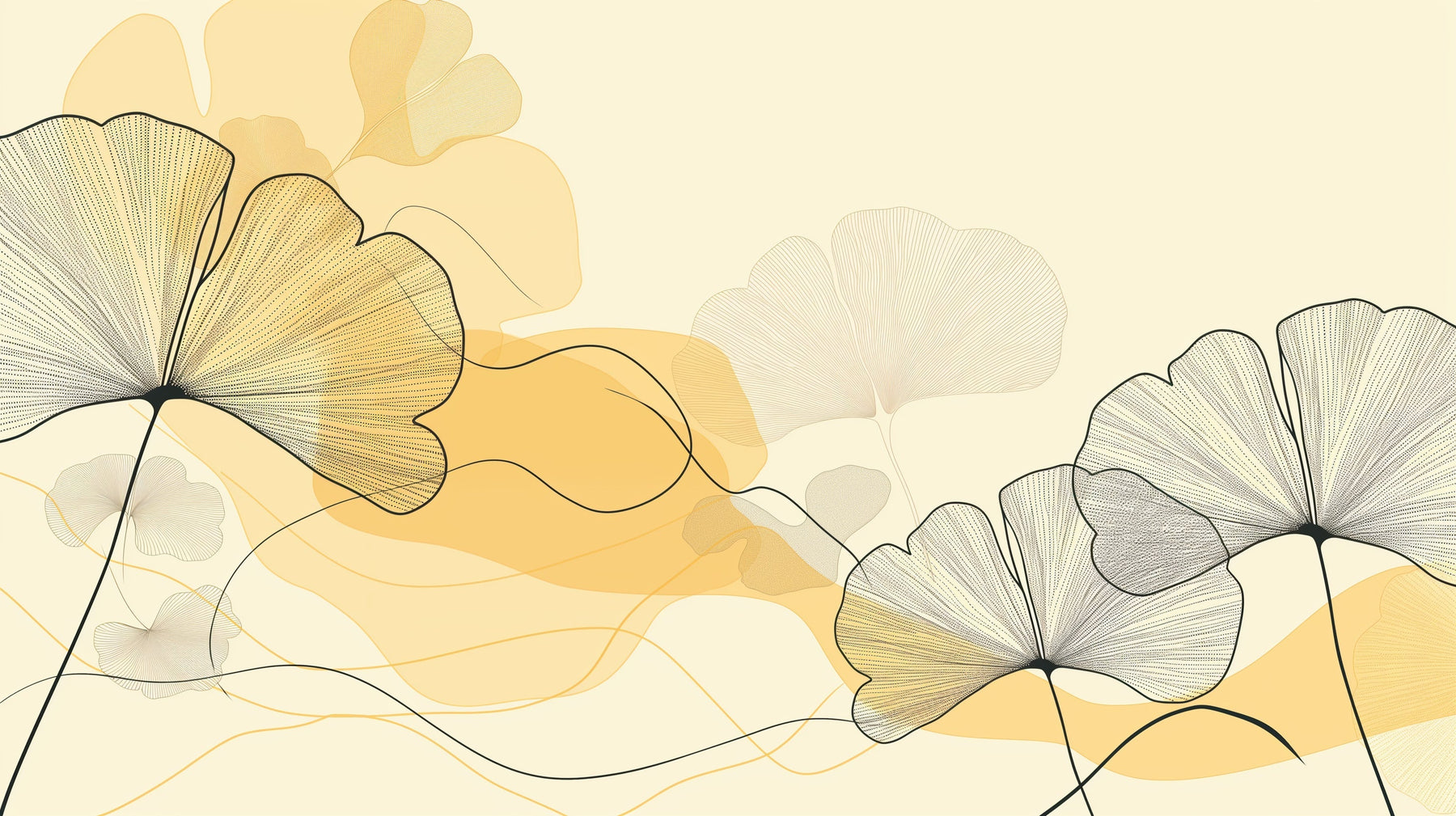 Detailed delicate leaves mural wallpaper design pattern in soft yellow and beige by Kids-Mundo