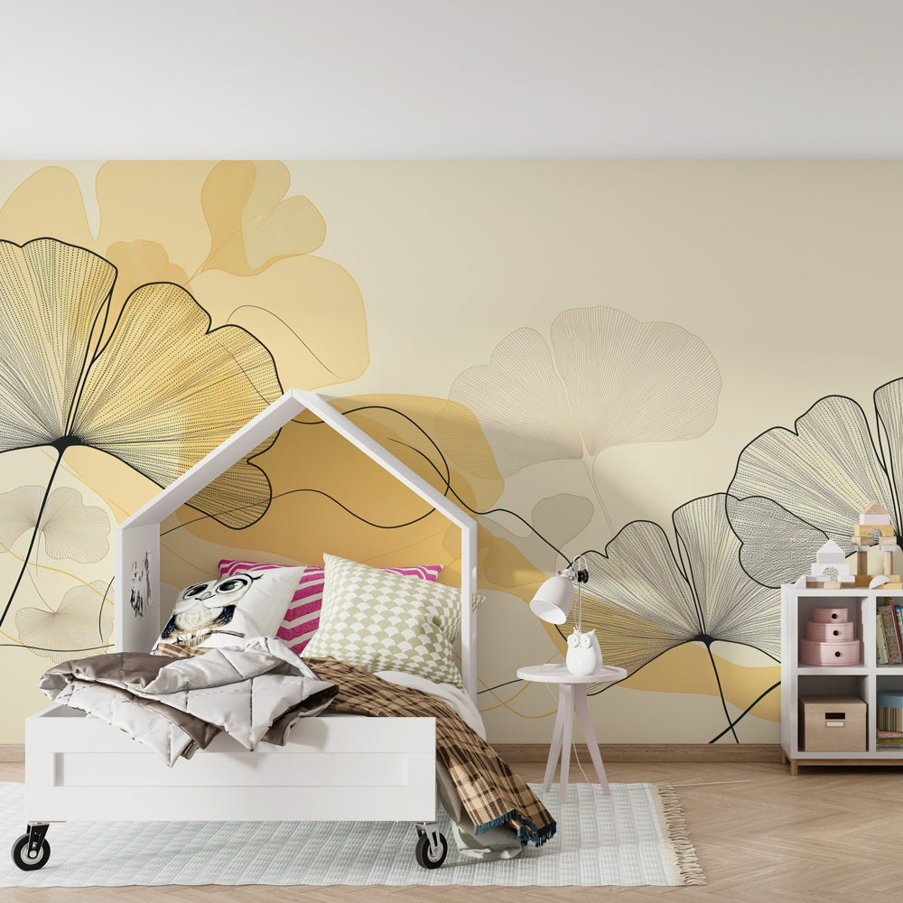 Soft yellow and beige leaves mural wallpaper transforming children's playroom by Kids-Mundo