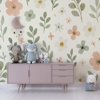 Kids-Mundo delicate floral pattern wall mural decorating a child's bedroom wall