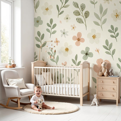 Kids-Mundo wildflower sprig pattern wall mural styled in a soft cream nursery