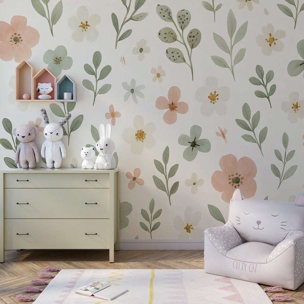 Kids-Mundo gentle wildflower wall mural brightening a calm children's playroom