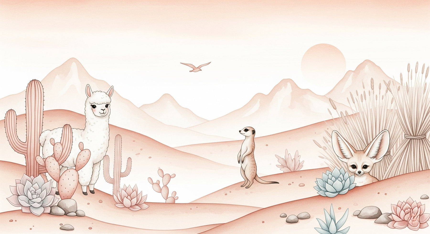 Detailed desert animals mural wallpaper design pattern with alpaca fennec and succulents by Kids-Mundo
