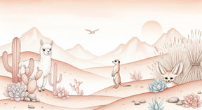 Detailed desert animals mural wallpaper design pattern with alpaca fennec and succulents by Kids-Mundo