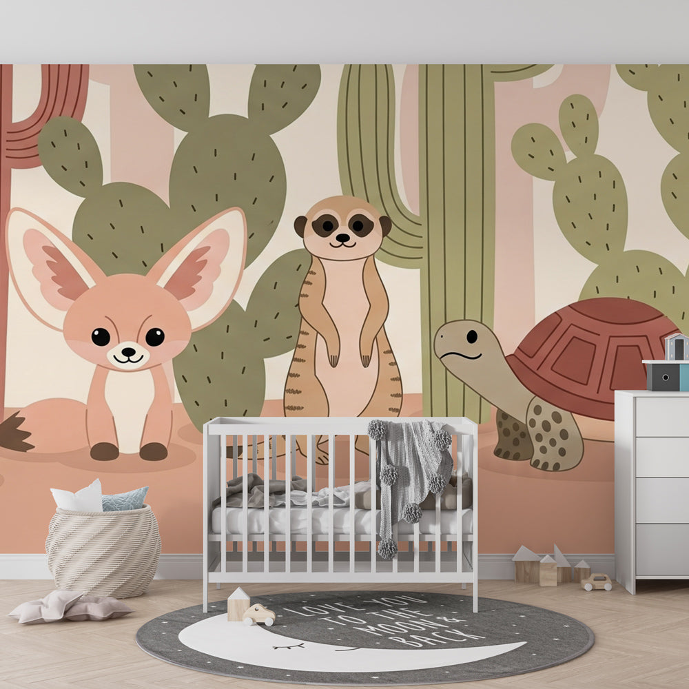 Safari themed desert wallpaper creating adventure atmosphere in children's bedroom