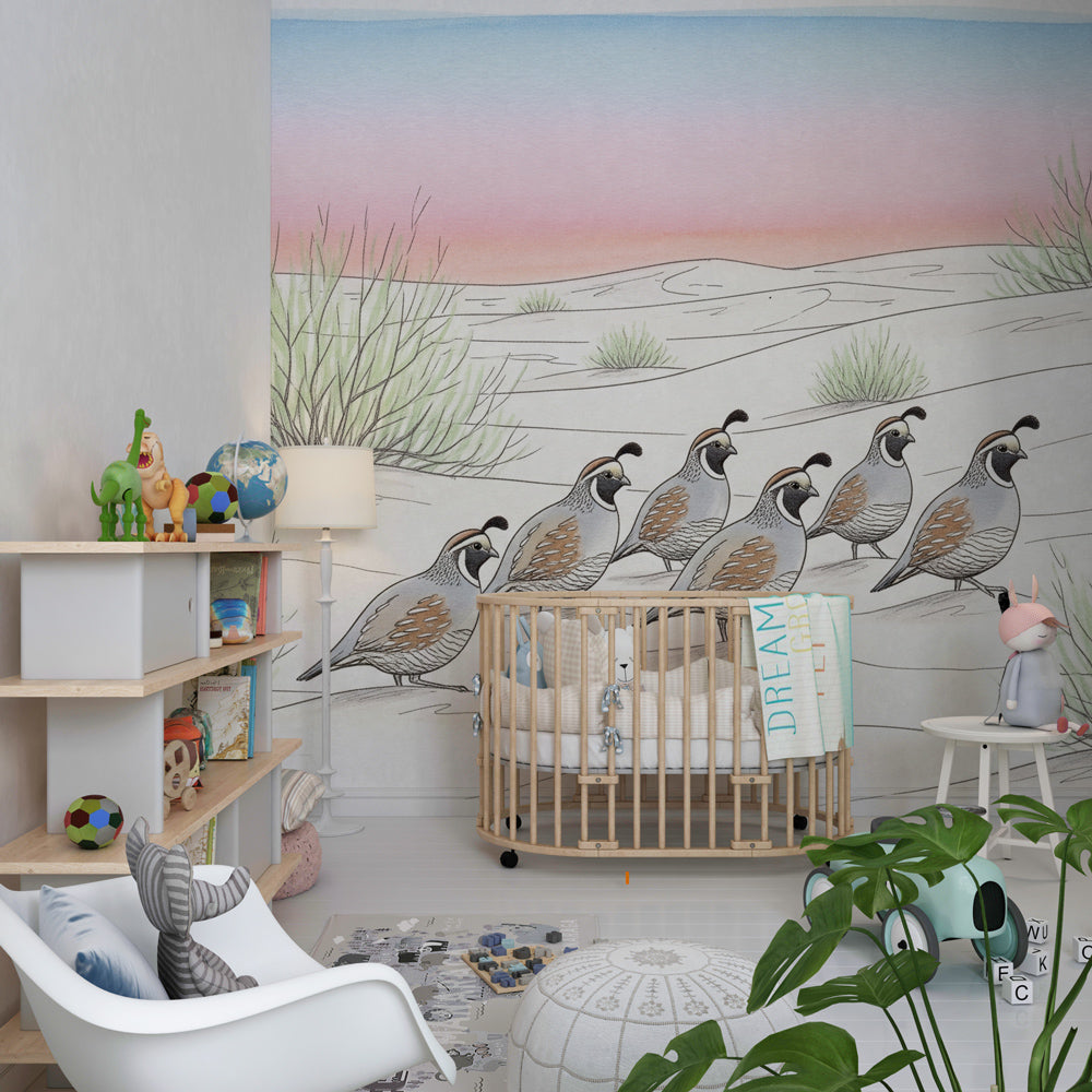 Prairie birds mural wallpaper transforming children's playroom into wildlife adventure space