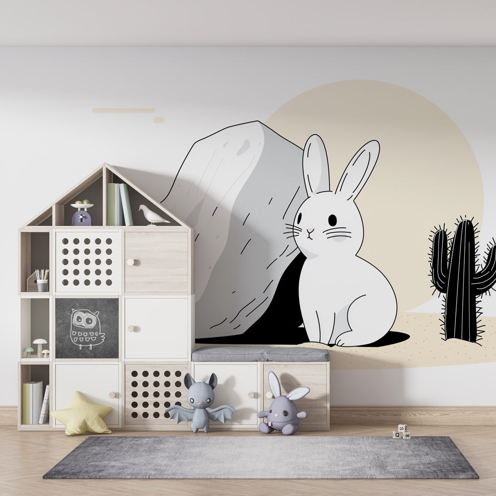 Adventure-themed bunny mural wallpaper transforming kids playroom with desert cacti design by Kids-Mundo