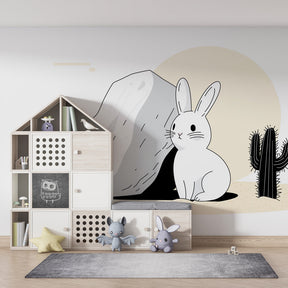 Adventure-themed bunny mural wallpaper transforming kids playroom with desert cacti design by Kids-Mundo