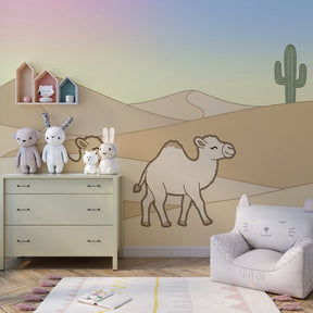 Camel adventure wallpaper creating peaceful desert atmosphere in children's bedroom decor