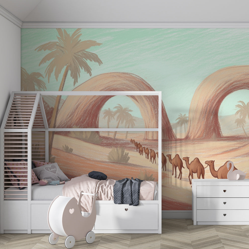 Mystical desert wallpaper with camels and palm trees decorating children's bedroom space