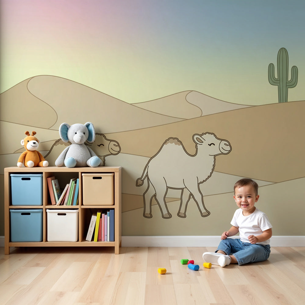 Desert camel mural wallpaper in modern nursery setting with natural wood furniture by Kids-Mundo