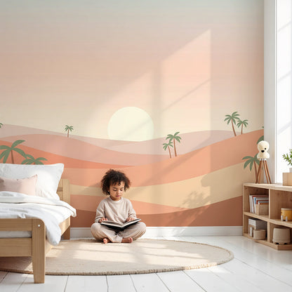 Kids-Mundo desert dunes and palm tree wall mural styled in a warm gender-neutral nursery