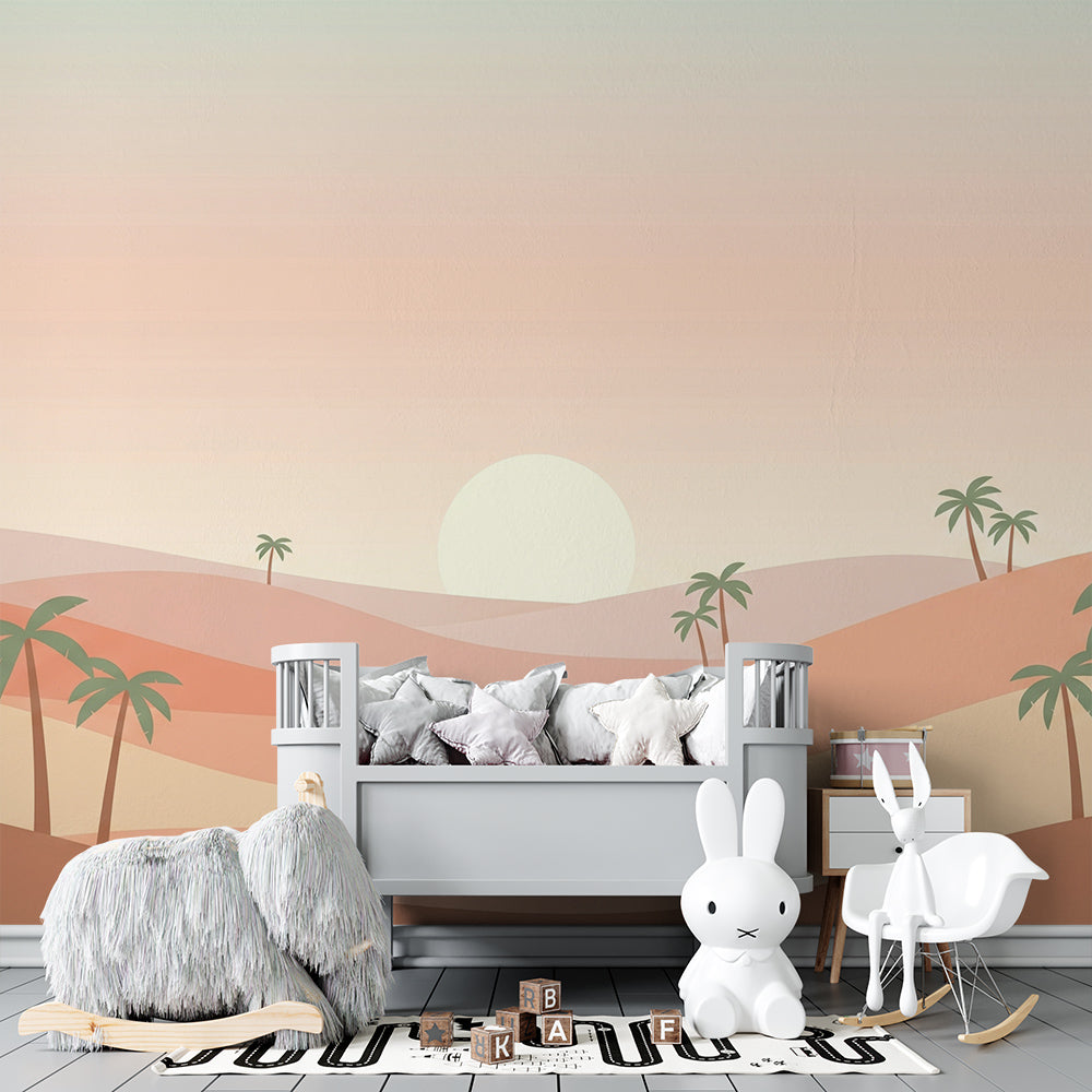 Kids-Mundo desert dunes and palm trees mural brightening a playful children's playroom
