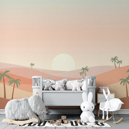 Kids-Mundo desert dunes and palm trees mural brightening a playful children's playroom