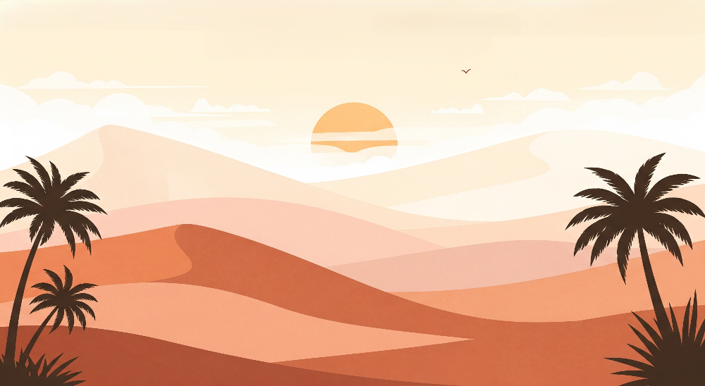 Kids-Mundo flat artwork of the desert dunes, palm trees and sunset wall mural design