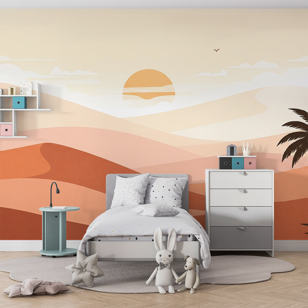 Kids-Mundo desert dunes wall mural covering a playroom wall with palm tree silhouettes