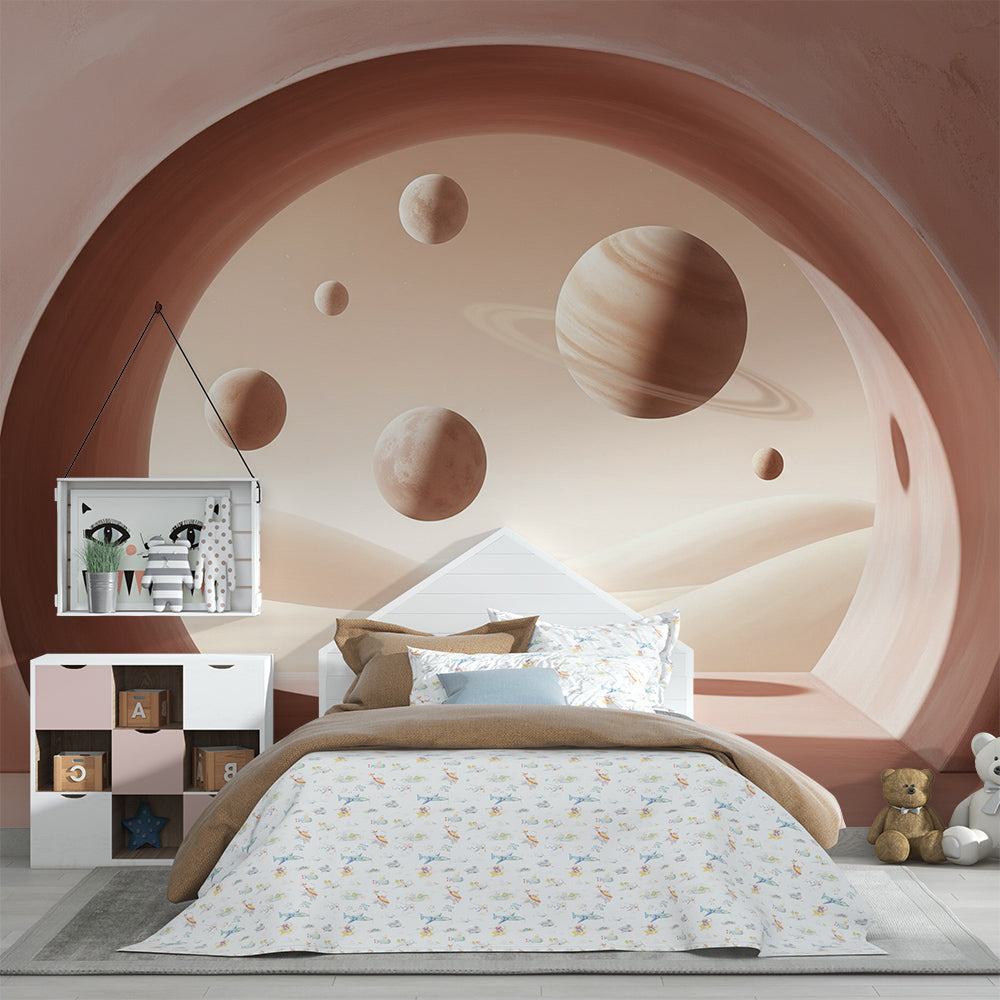 Kids-Mundo desert archway planet mural as a feature wall in an adventurous kids' bedroom