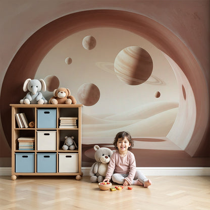 Kids-Mundo desert dunes planet archway wall mural styled in a warm, calming nursery setting
