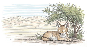 Detailed desert fox mural wallpaper design pattern showing sleeping fox in sand dunes by Kids-Mundo