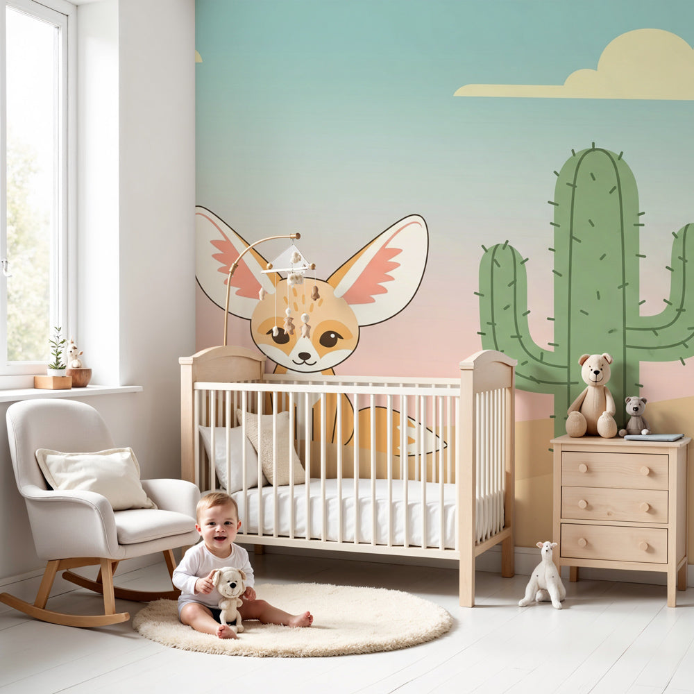 Desert fox mural wallpaper creating cozy nursery atmosphere with cactus design by Kids-Mundo