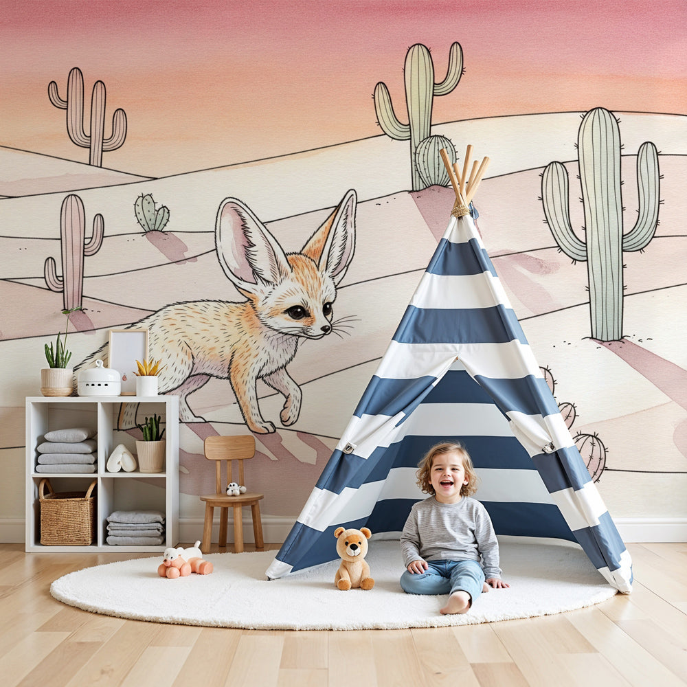 Desert fox mural wallpaper creating adventurous nursery decor with warm sunset colors by Kids-Mundo
