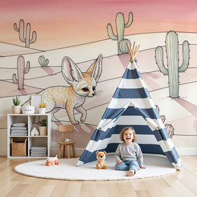 Desert fox mural wallpaper creating adventurous nursery decor with warm sunset colors by Kids-Mundo