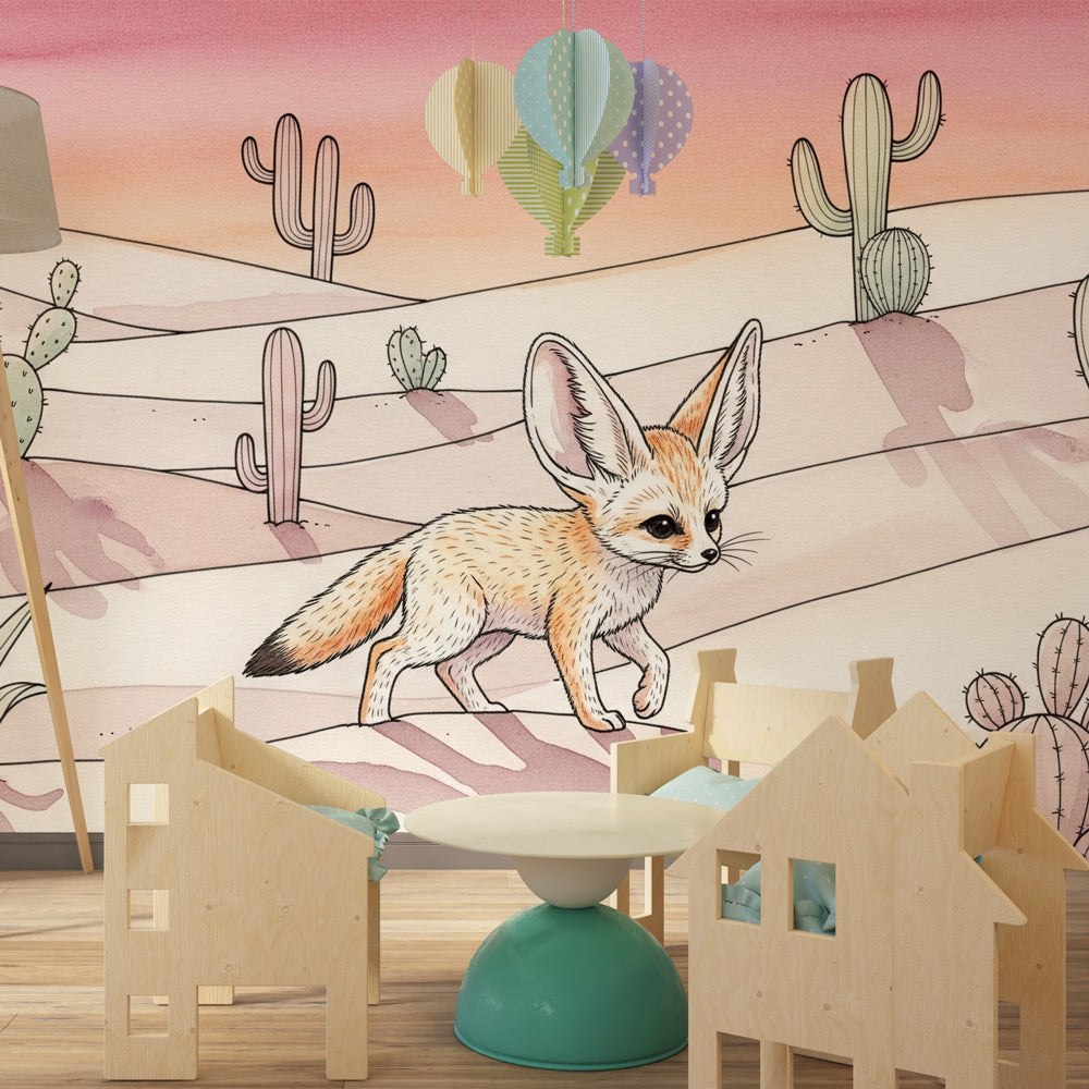 Sand dunes and fox mural wallpaper creating magical playroom atmosphere for kids by Kids-Mundo